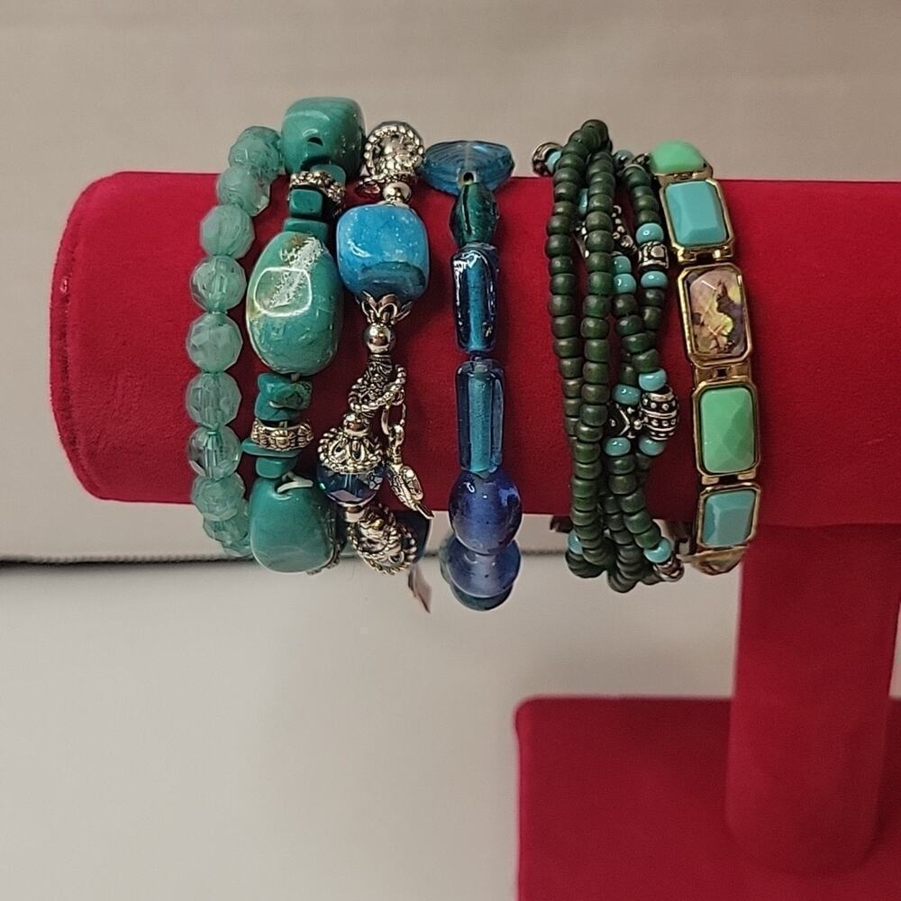 Lot of 6 Green and Blue Beaded Slip-on Southwestern Boho Bracelets